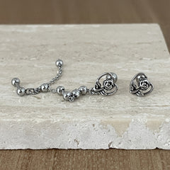 アンティーク調 ローズ&ハート チェーン ドロップピアス 2Type 16G ボディピアス キャッチ サージカルステンレス 薔薇 花モチーフ フラワーモチーフ