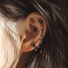 アンティーク調 ローズ&ハート チェーン ドロップピアス 2Type 16G ボディピアス キャッチ サージカルステンレス 薔薇 花モチーフ フラワーモチーフ