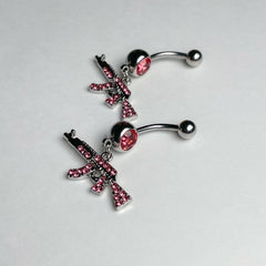 14G Pink Pistol Motif Gun Handgun Belly Button Piercing Banana Barbell