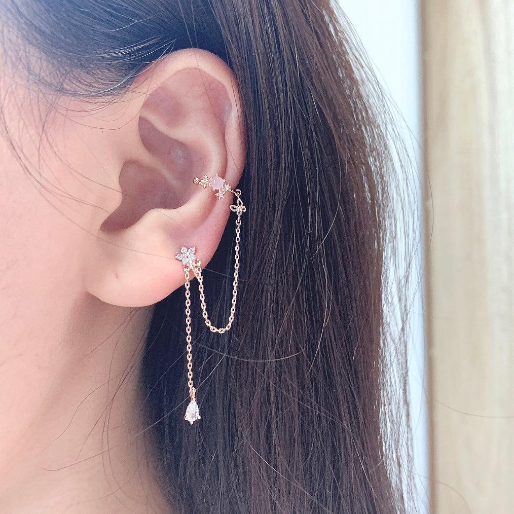 ピンク原石 花 蝶 チェーン イヤーカフ (2Color) - 4MiLi (フォーミリ)