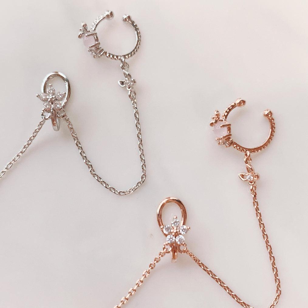 ピンク原石 花 蝶 チェーン イヤーカフ (2Color) - 4MiLi (フォーミリ)