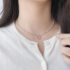 パステル ビーズ ハート 原石 ドロップ ネックレス (3Color) - 4MiLi (フォーミリ)