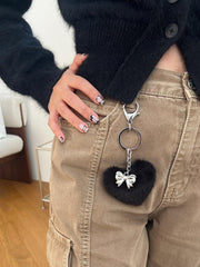 ハート ポンポン ファー リボン キーホルダー キーリング (2Color) - 4MiLi (フォーミリ)