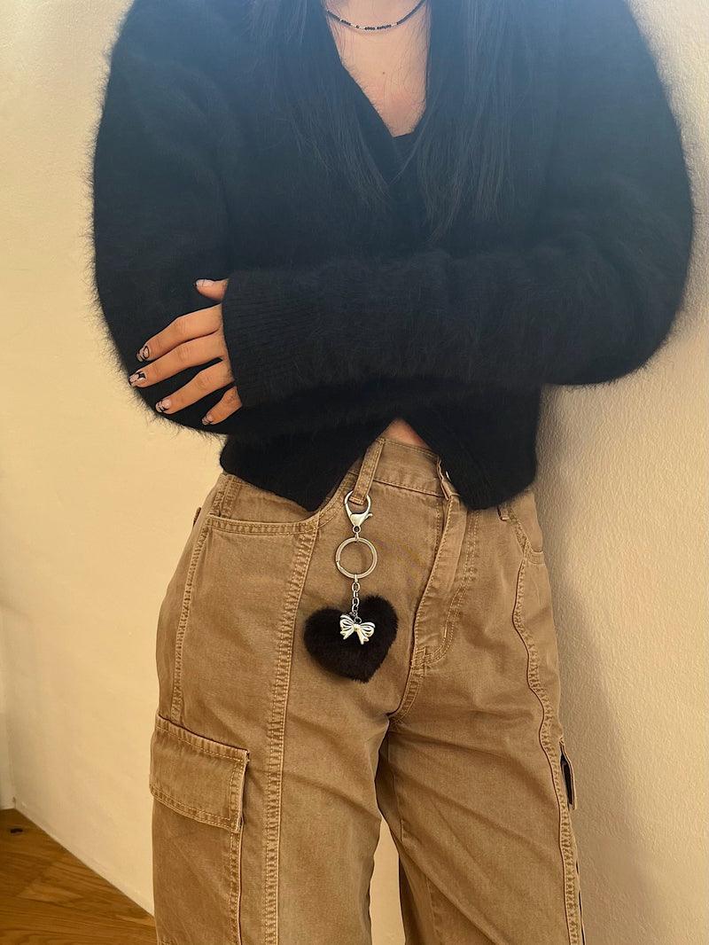 ハート ポンポン ファー リボン キーホルダー キーリング (2Color) - 4MiLi (フォーミリ)