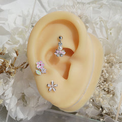 軟骨ピアス 16G パステルフラワー ドロップ&キュービック ピアス 4type サージカルステンレス
