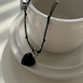 スター&ハート ブラックストリング ロングネックレス(長さ調節可能)【サージカルステンレス】