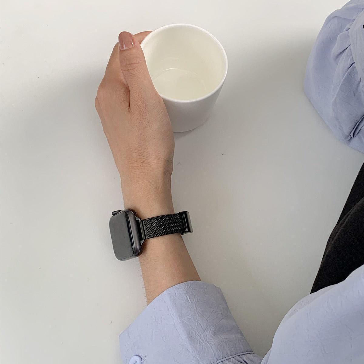 【4色】スリム編みこみパターンメタル ループバンド apple watch バンド givgiv 38mm/40mm/41mm用 02ブラック