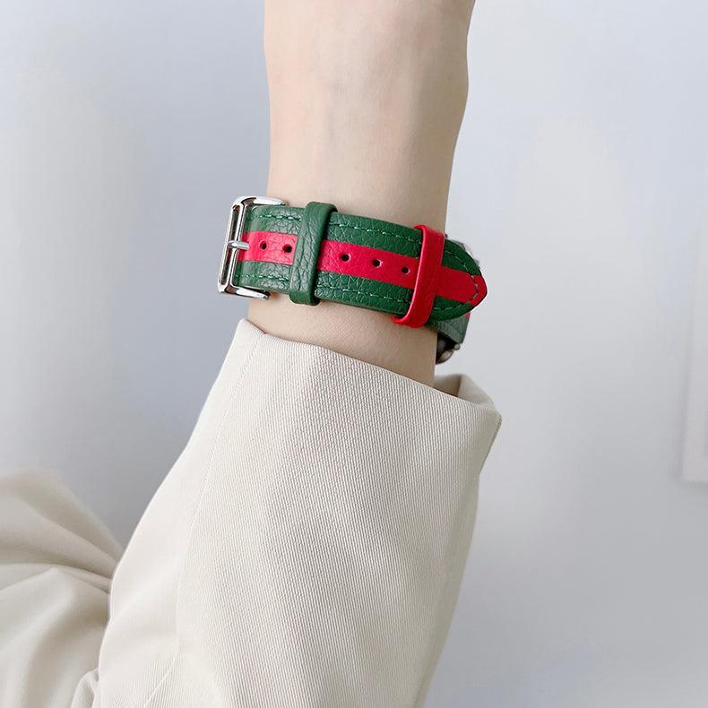 【5色】本革 ツートンラインアップルウォッチ バンド apple watch バンド givgiv 38mm/40mm/41mm用 02グリーン(赤ライン)
