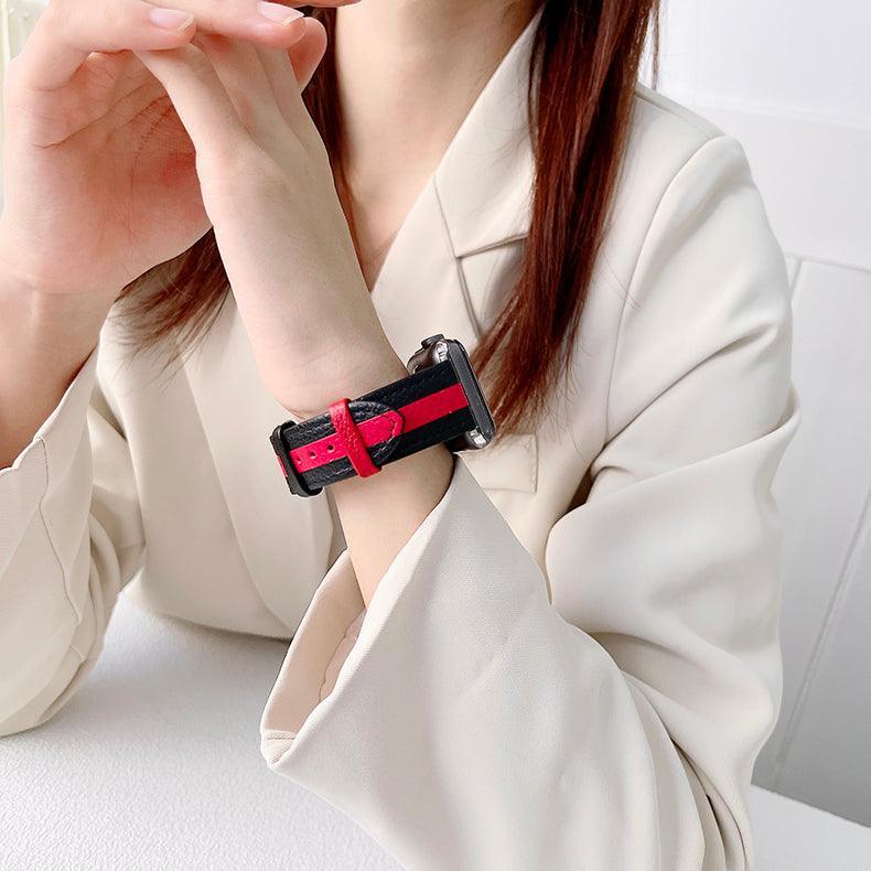 【5色】本革 ツートンラインアップルウォッチ バンド apple watch バンド givgiv 38mm/40mm/41mm用 05ブラック(赤ライン)