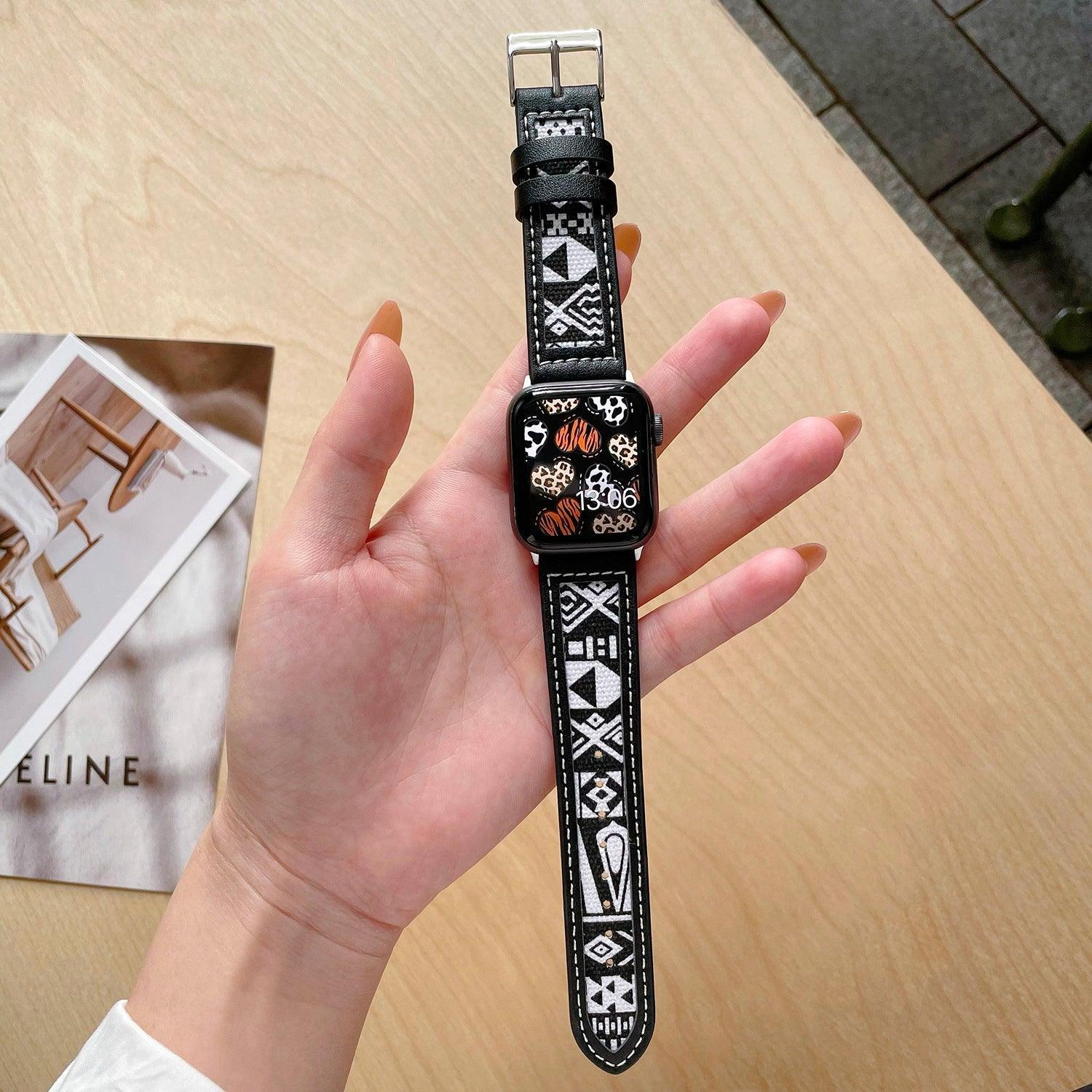 【6色】モーダン パターン 本革 アップルウォッチ バンド apple watch バンド givgiv 38mm/40mm/41mm用 05エスニック白黒