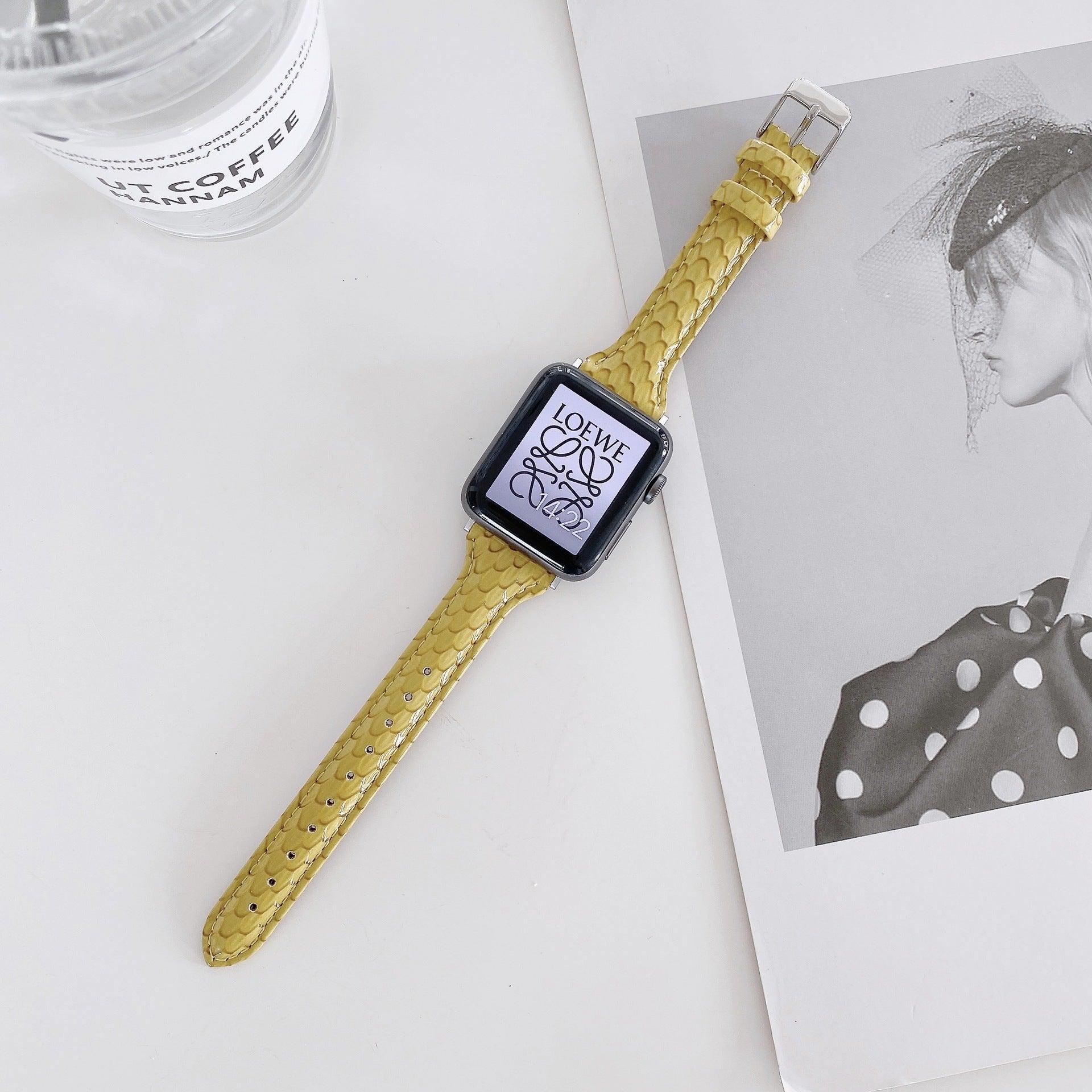 【7色】スリム 光沢 クロッコ型押、ヘビ型押し 本革 Applewatch バンド apple watch バンド givgiv 38mm/40mm/41mm用 06イエロー(ベビ柄、ツヤ有)