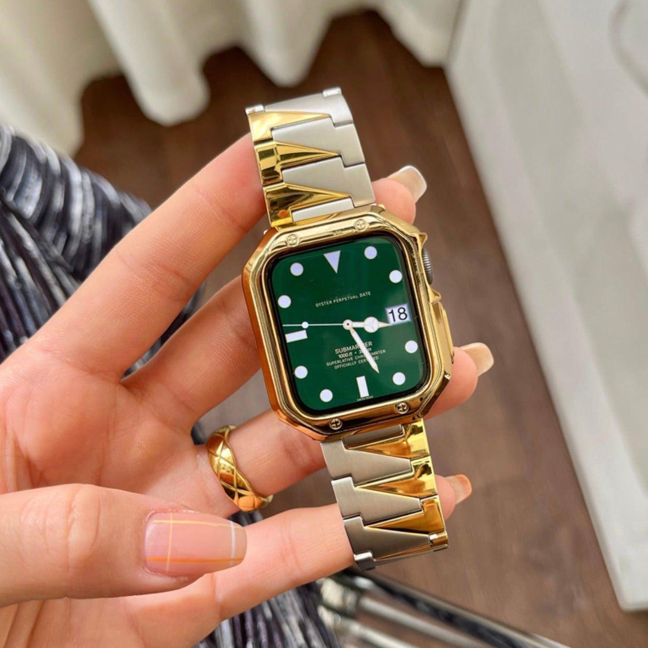 【セット】メタル ギザギザ チェーンバンド+TPUケース # アップルオッチ apple watch バンド givgiv 06ゴールド(+Silver)(バンド+ケース) 38mm用