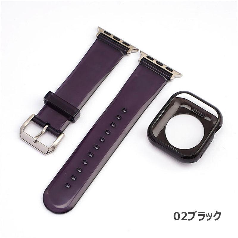 【セット_12色】 透明 ゼリー カラー ケース + バンドセット Applewatch専用 apple watch バンド givgiv 38mm/40mm/41mm用 02ブラック(バンド+ケース)