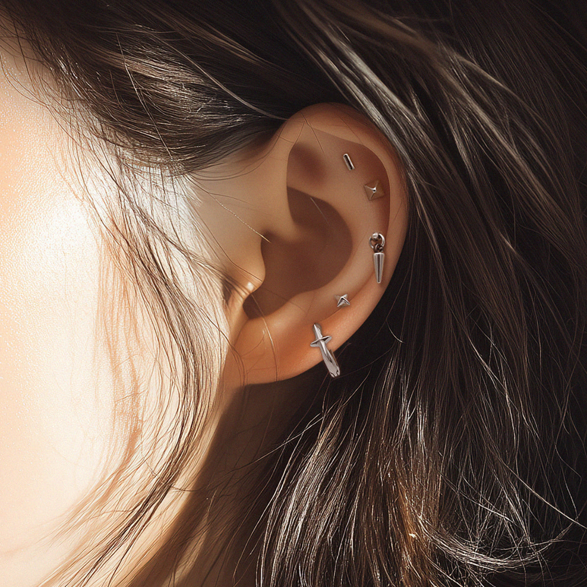 [5個セット][サージカル]メタリック ループ ピアスセット16G ボディピアス スパイク＆スタッズ メタル