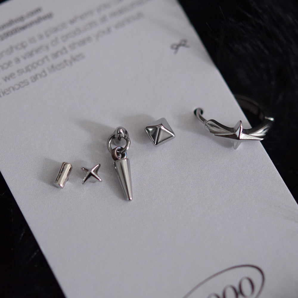 [5個セット][サージカル]メタリック ループ ピアスセット16G ボディピアス スパイク＆スタッズ メタル