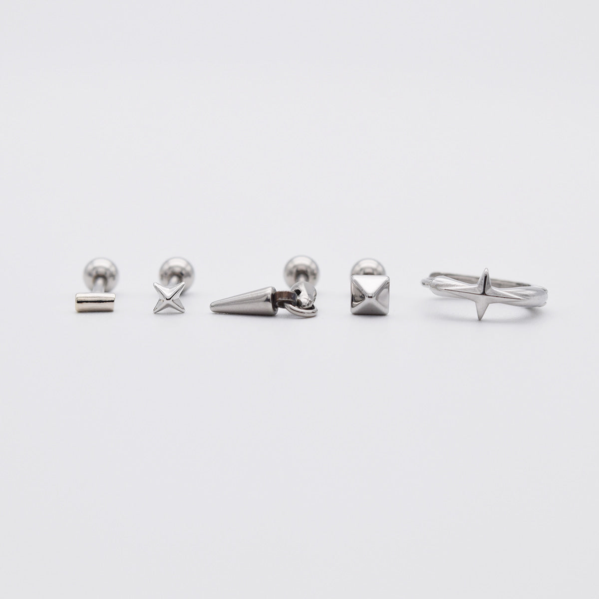 [5個セット][サージカル]メタリック ループ ピアスセット16G ボディピアス スパイク＆スタッズ メタル