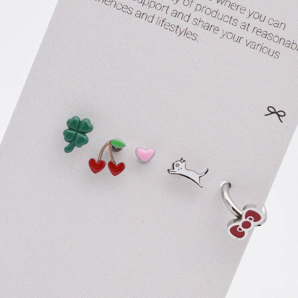 [5個セット][サージカル]スイートモチーフ ピアスセット16G ボディピアス ハート チェリー リボン 可愛い ミニ