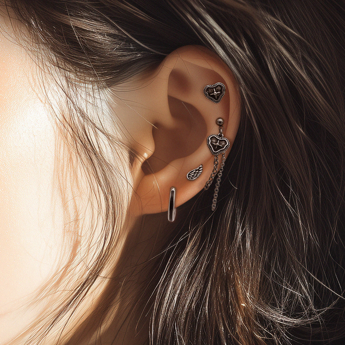 [サージカル]アンティーク クロスハート チェーンピアス ドロップ 2タイプ ボディピアス 16G 軟骨ピアス