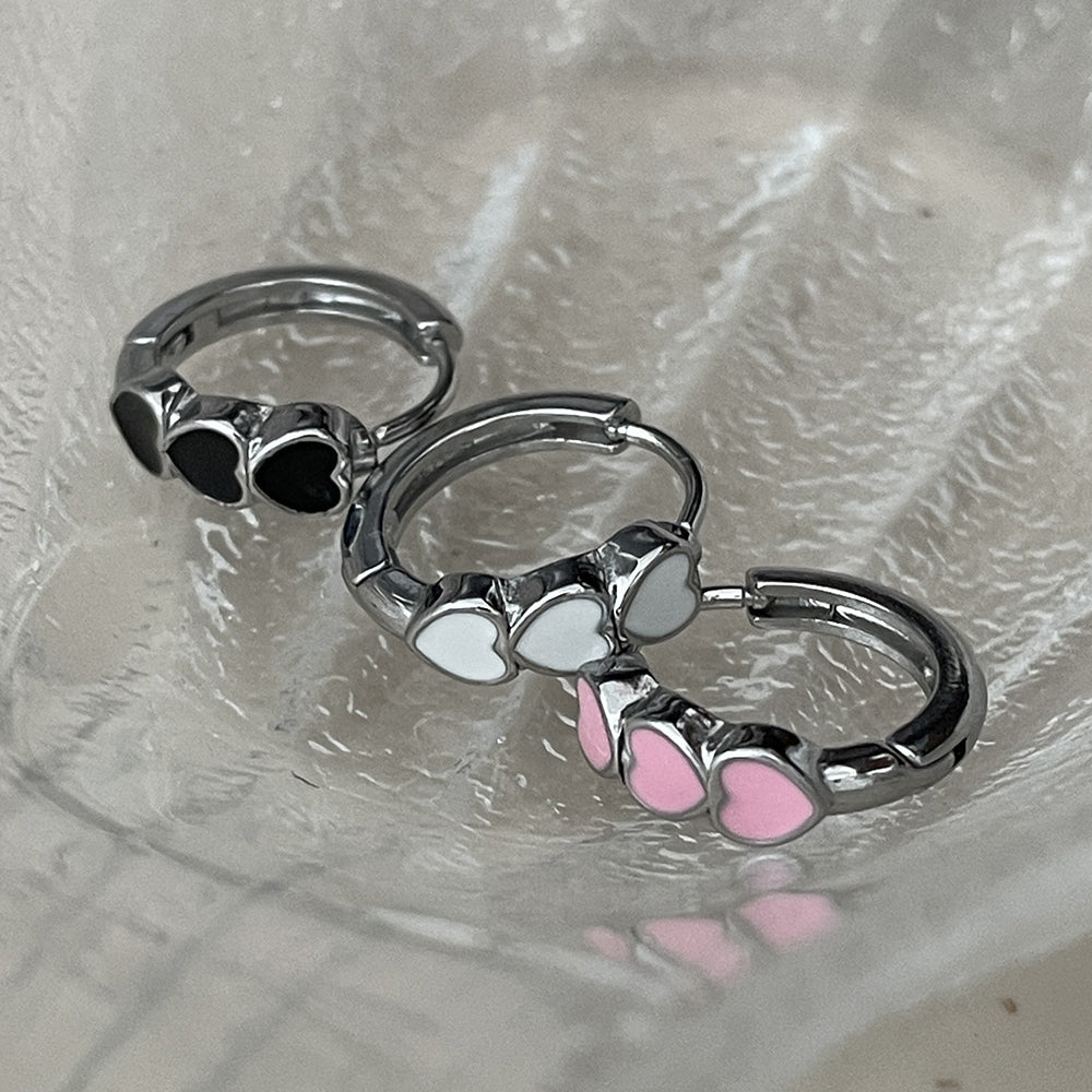 [全サージカルステンレス]トリプルハート ワンタッチリングピアス (3Color) 可愛い 韓国風