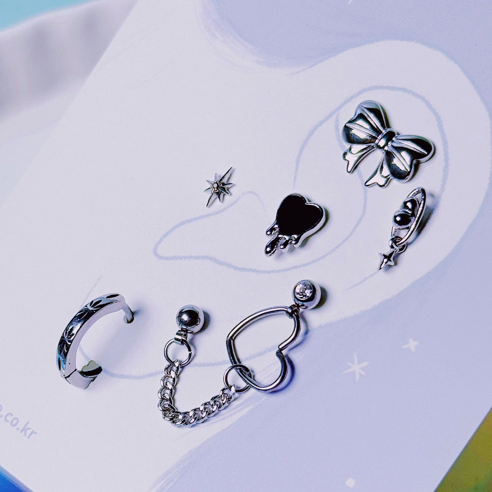 [Set of 6] [Surgical] Black Happiness Piercing Set 16G Body Piercing Back Piercing Cartilage Piercing