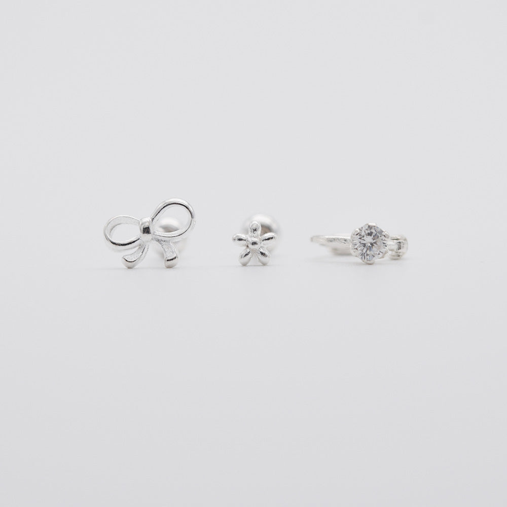 [Set of 3][925 Silver] Round Ribbon Earrings 