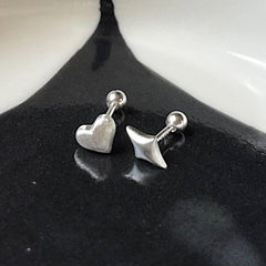 [925 Silver] Matte Poker Earrings (Heart/Star) 18G Body Piercing Back Piercing 