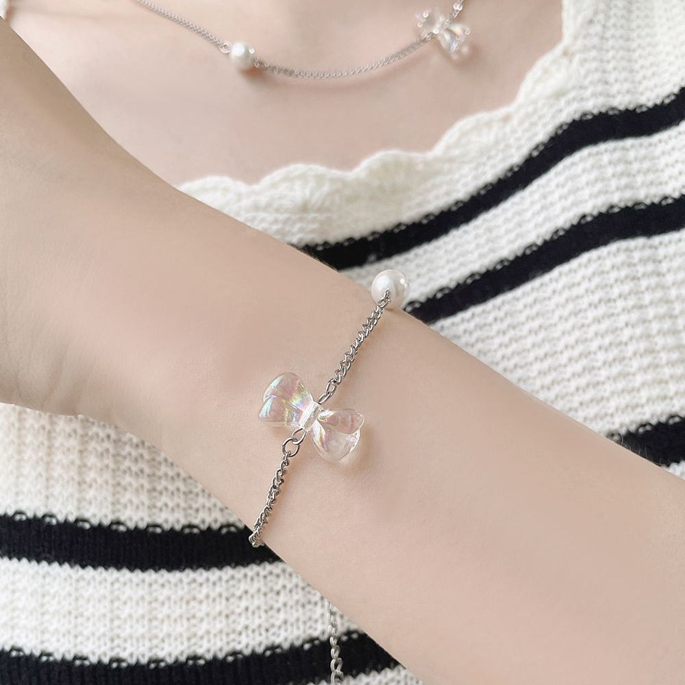 Summer Ribbon Pearl Chain Necklace Bracelet 