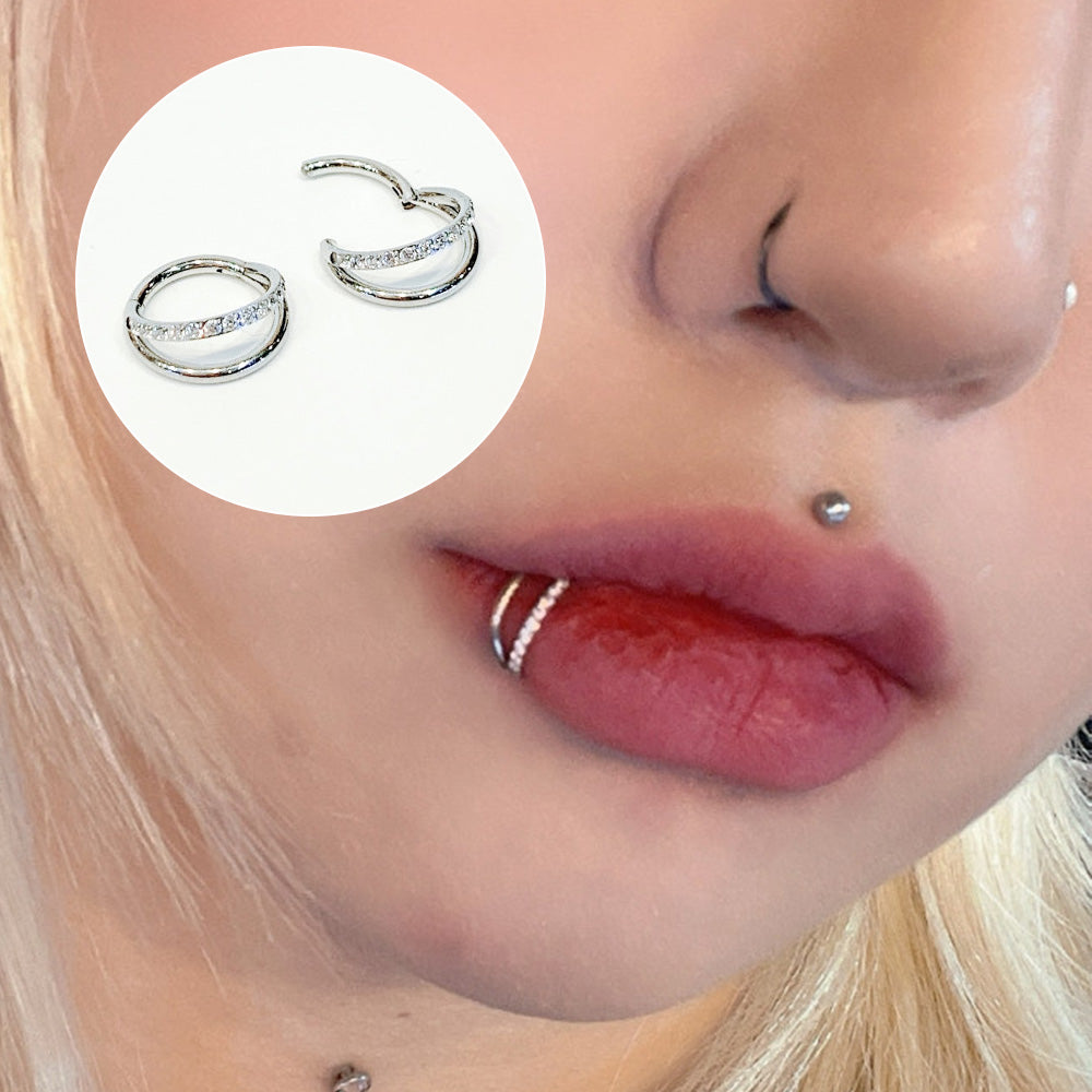 【リップピアス】ダブルラインキュービックリング オールサージカルステンレス (2Type) 唇ピアス ボディピアス 16G