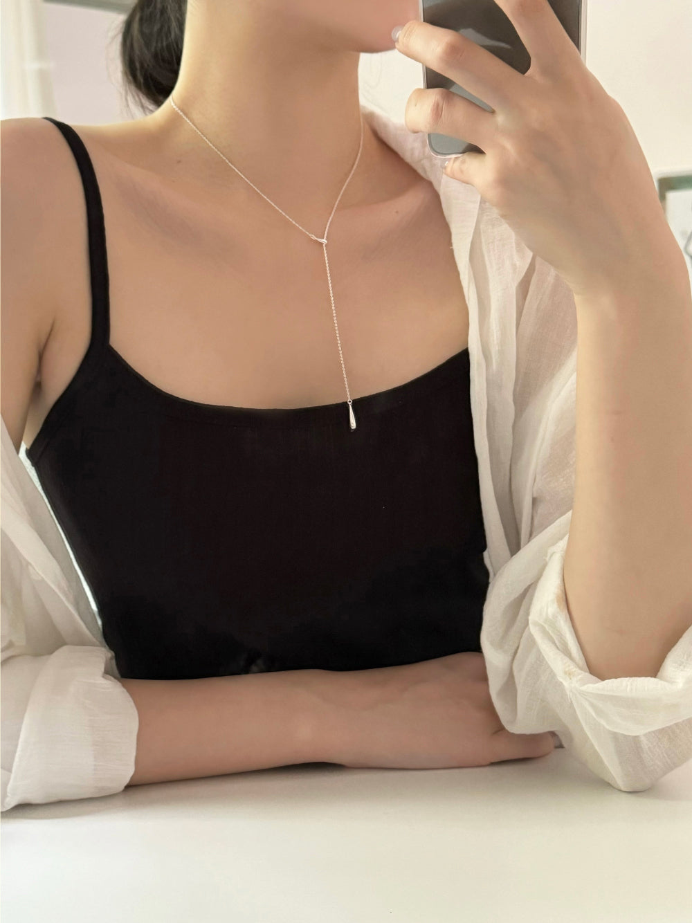 Polka dot line slide necklace choker (2 colors) 2-way simple drop long necklace