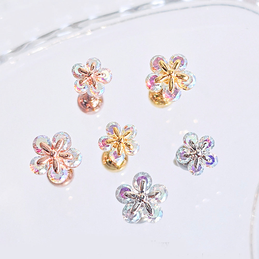 [サージカル]透明感たっぷり キラキラお花ピアス (3Color 2Size) 16G ABクリスタル 立体デザイン