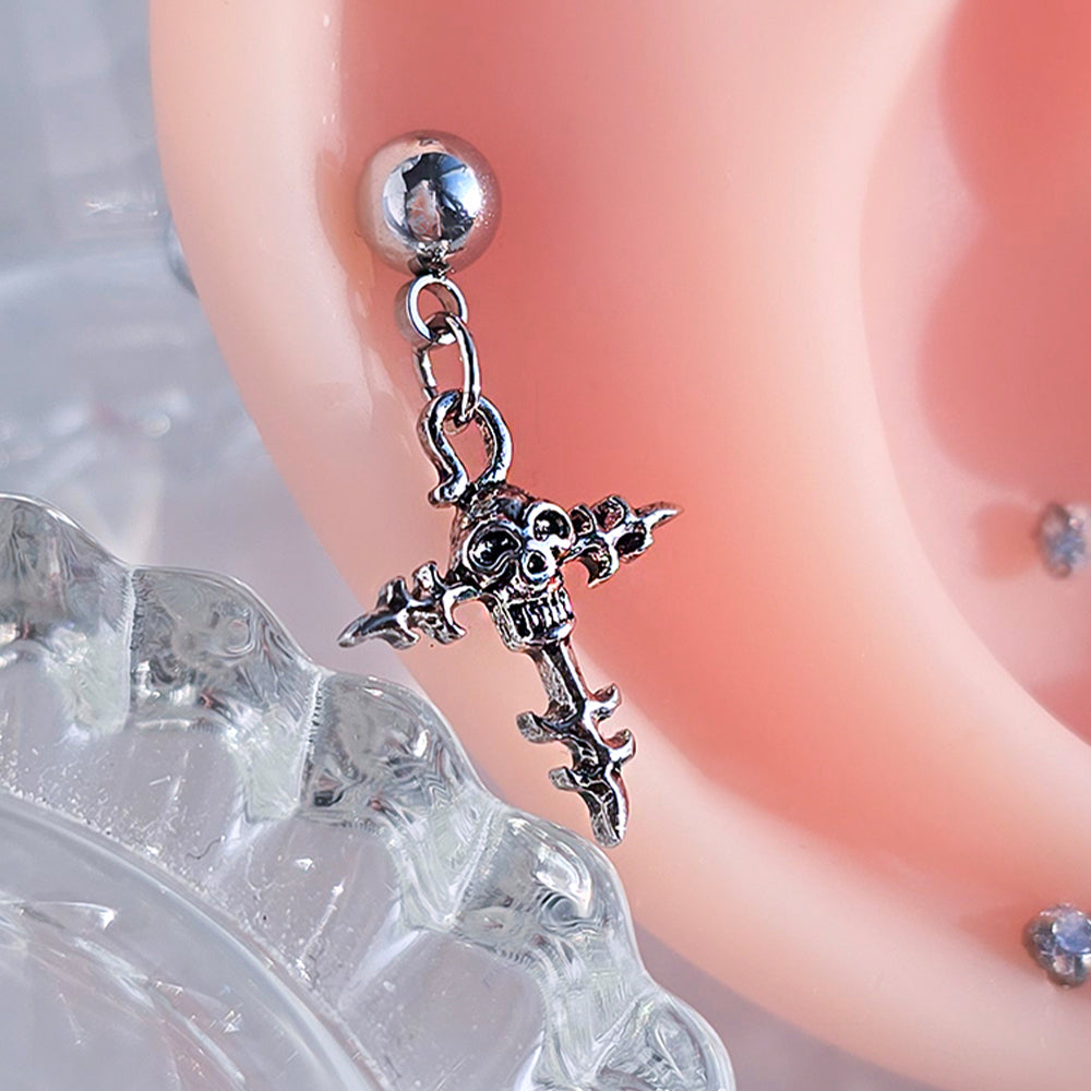 [サージカル]スカルクロス ドロップ ピアス 16G ボディピアス ユニセックス ガイコツ ピアス メンズ