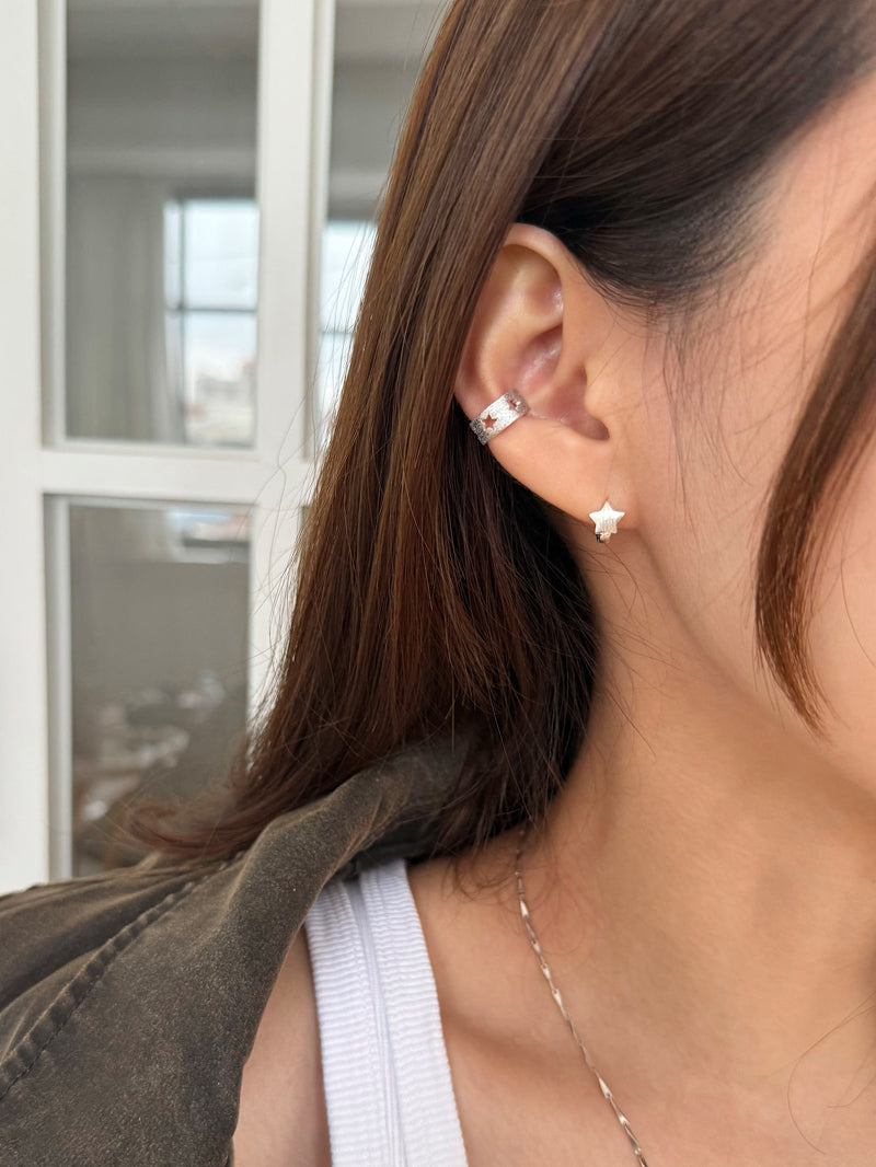 [925 Silver] Rough Wave Line One-Touch Ring Earrings for Both Ears 