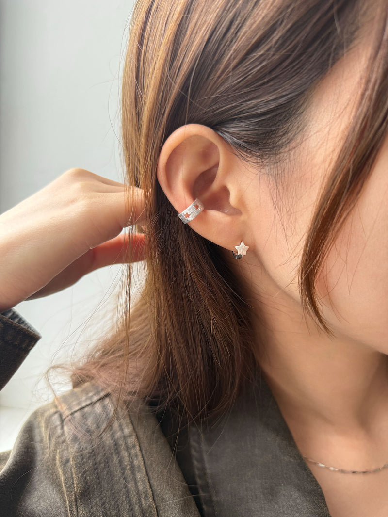 [925 Silver] Rough Wave Line One-Touch Ring Earrings for Both Ears 