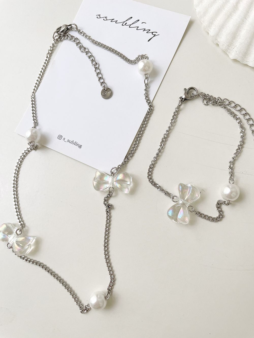 Summer Ribbon Pearl Chain Necklace Bracelet 