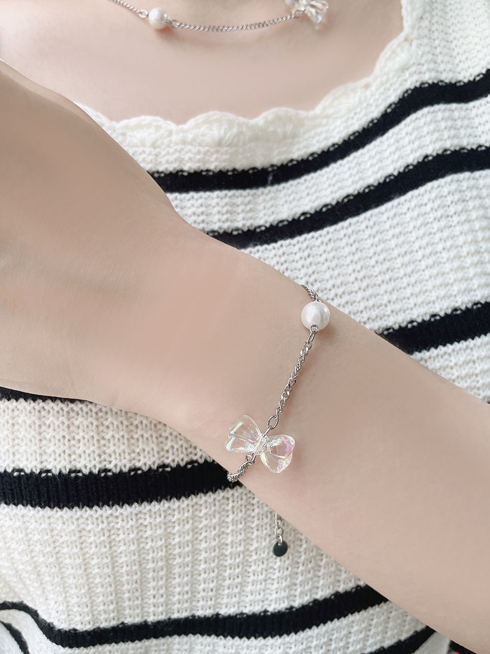 Summer Ribbon Pearl Chain Necklace Bracelet 