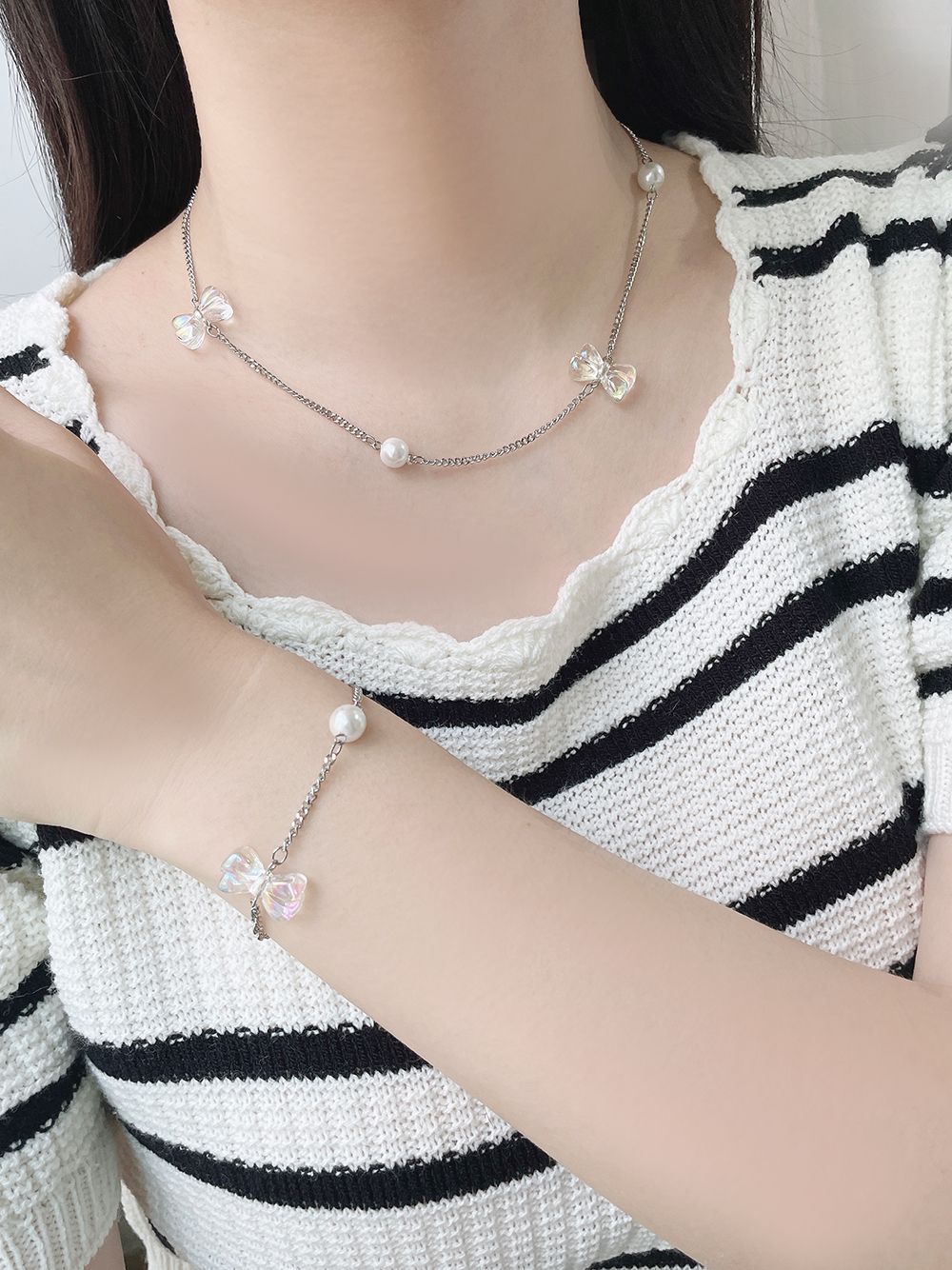 Summer Ribbon Pearl Chain Necklace Bracelet 