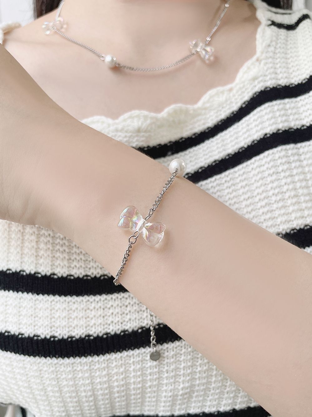 Summer Ribbon Pearl Chain Necklace Bracelet 