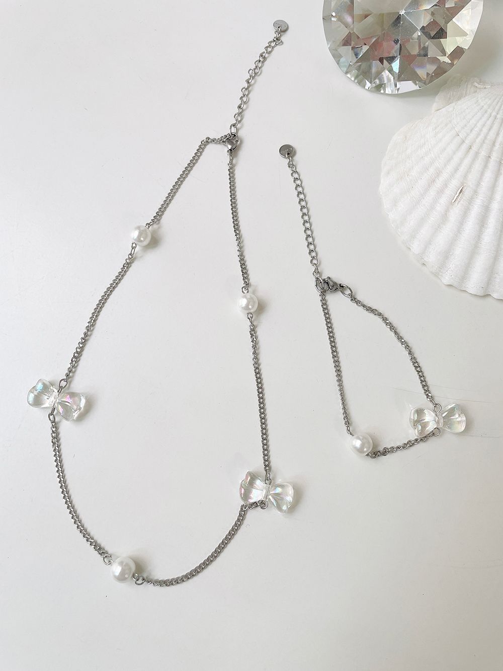 Summer Ribbon Pearl Chain Necklace Bracelet 