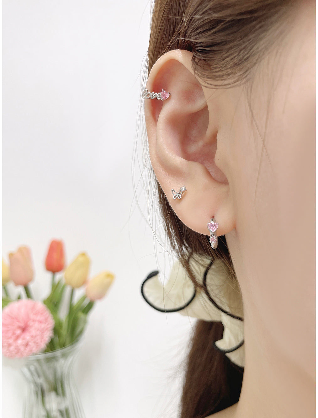 [Set of 3] [Surgical] Pink Butterfly Heart Cubic Earrings 