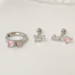 [Set of 3] [Surgical] Pink Butterfly Heart Cubic Earrings 