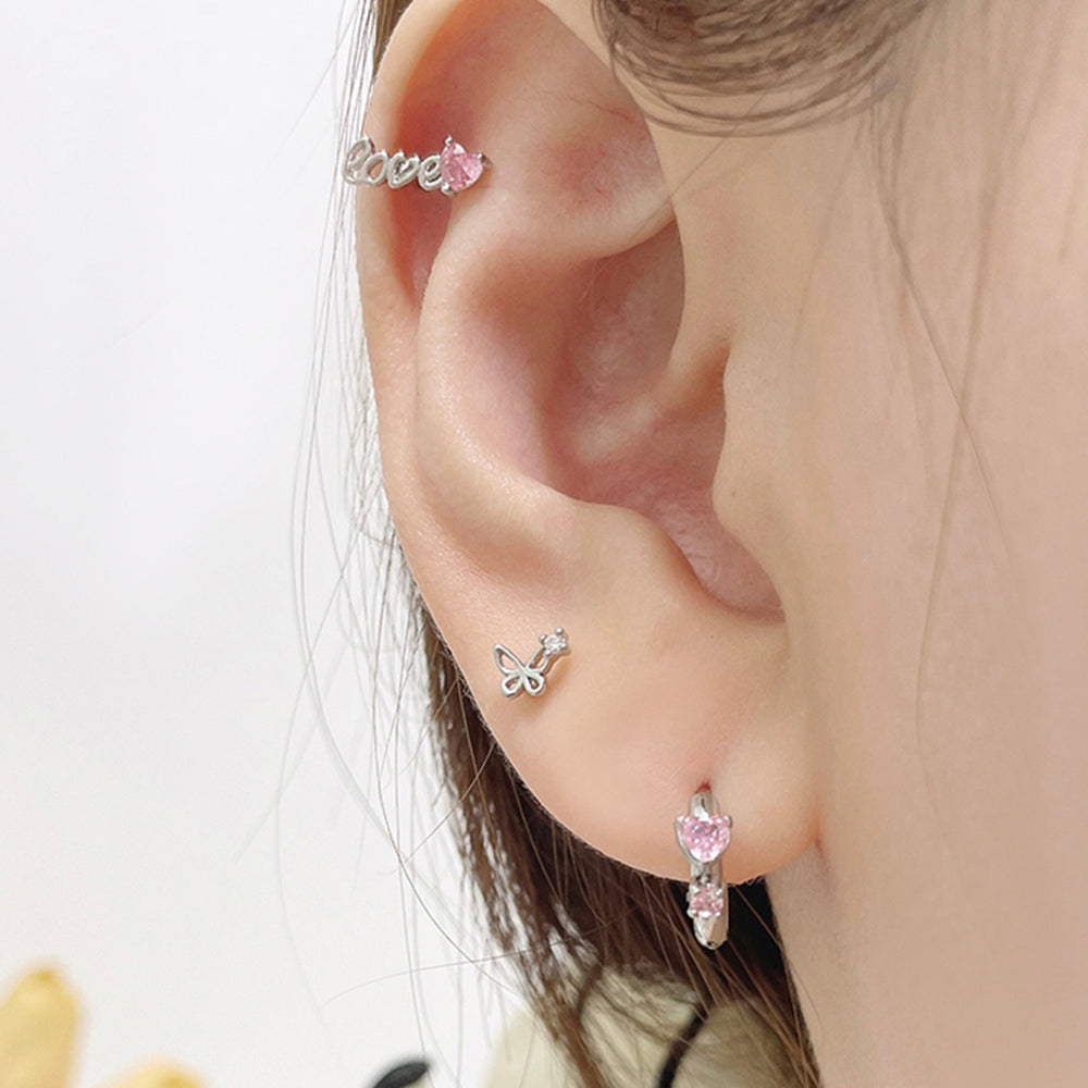 [Set of 3] [Surgical] Pink Butterfly Heart Cubic Earrings 