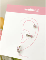 [Set of 3] [Surgical] Pink Butterfly Heart Cubic Earrings 