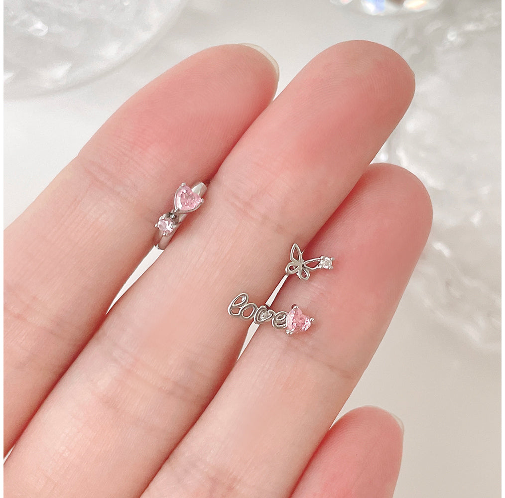 [Set of 3] [Surgical] Pink Butterfly Heart Cubic Earrings 