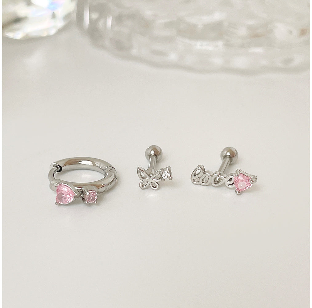 [Set of 3] [Surgical] Pink Butterfly Heart Cubic Earrings 