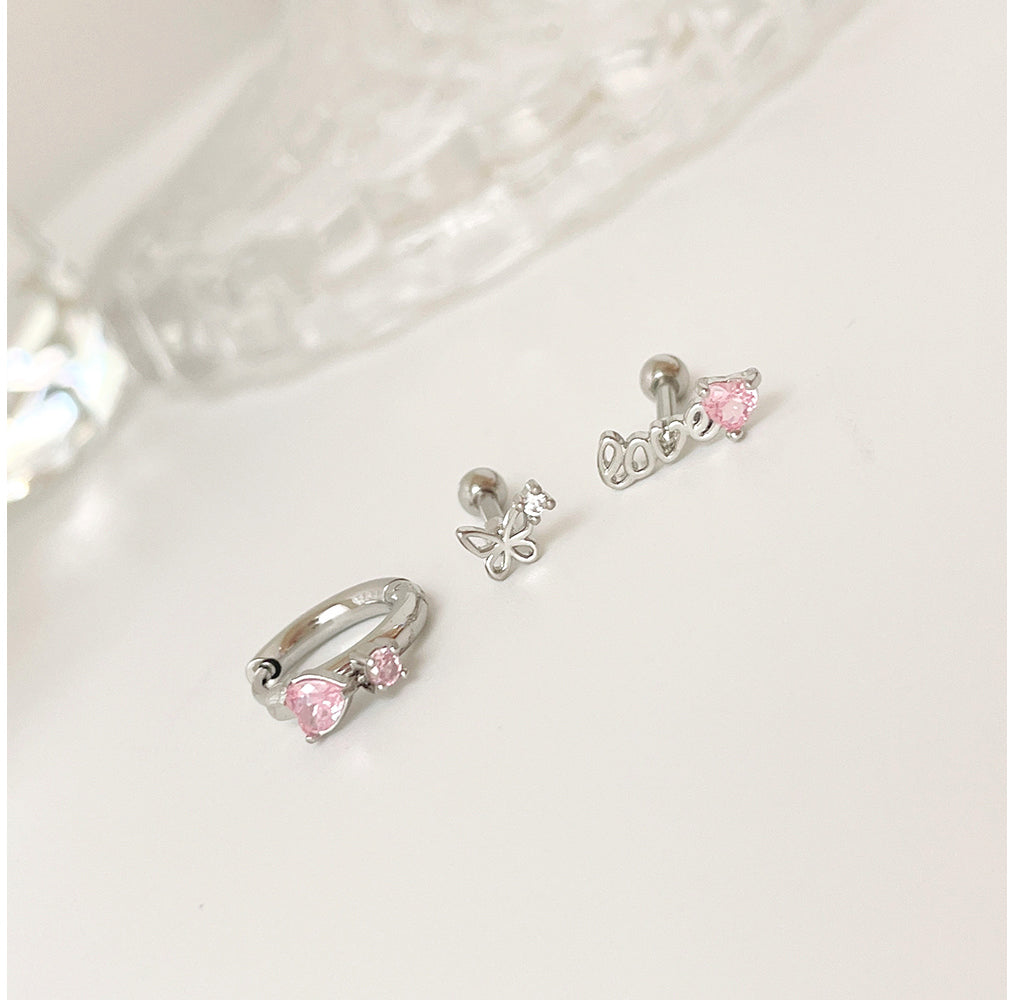 [Set of 3] [Surgical] Pink Butterfly Heart Cubic Earrings 