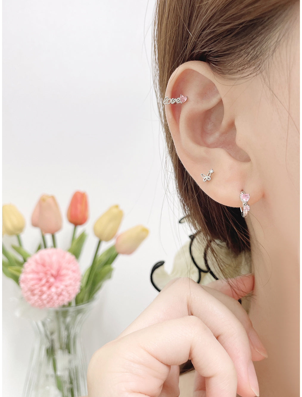 [Set of 3] [Surgical] Pink Butterfly Heart Cubic Earrings 