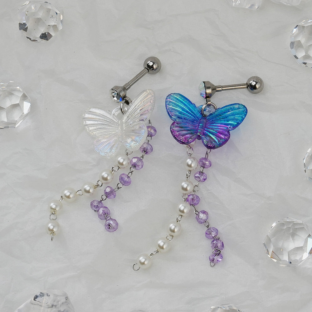 [Surgical] Aurora Butterfly Pearl Drop (2 Colors) 16G Body Piercing Back Piercing Cartilage Piercing 