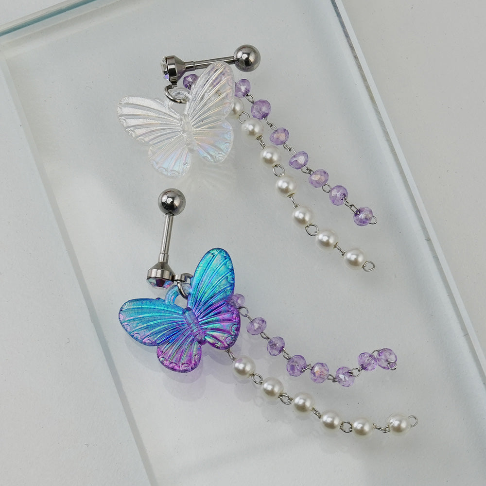 [Surgical] Aurora Butterfly Pearl Drop (2 Colors) 16G Body Piercing Back Piercing Cartilage Piercing 