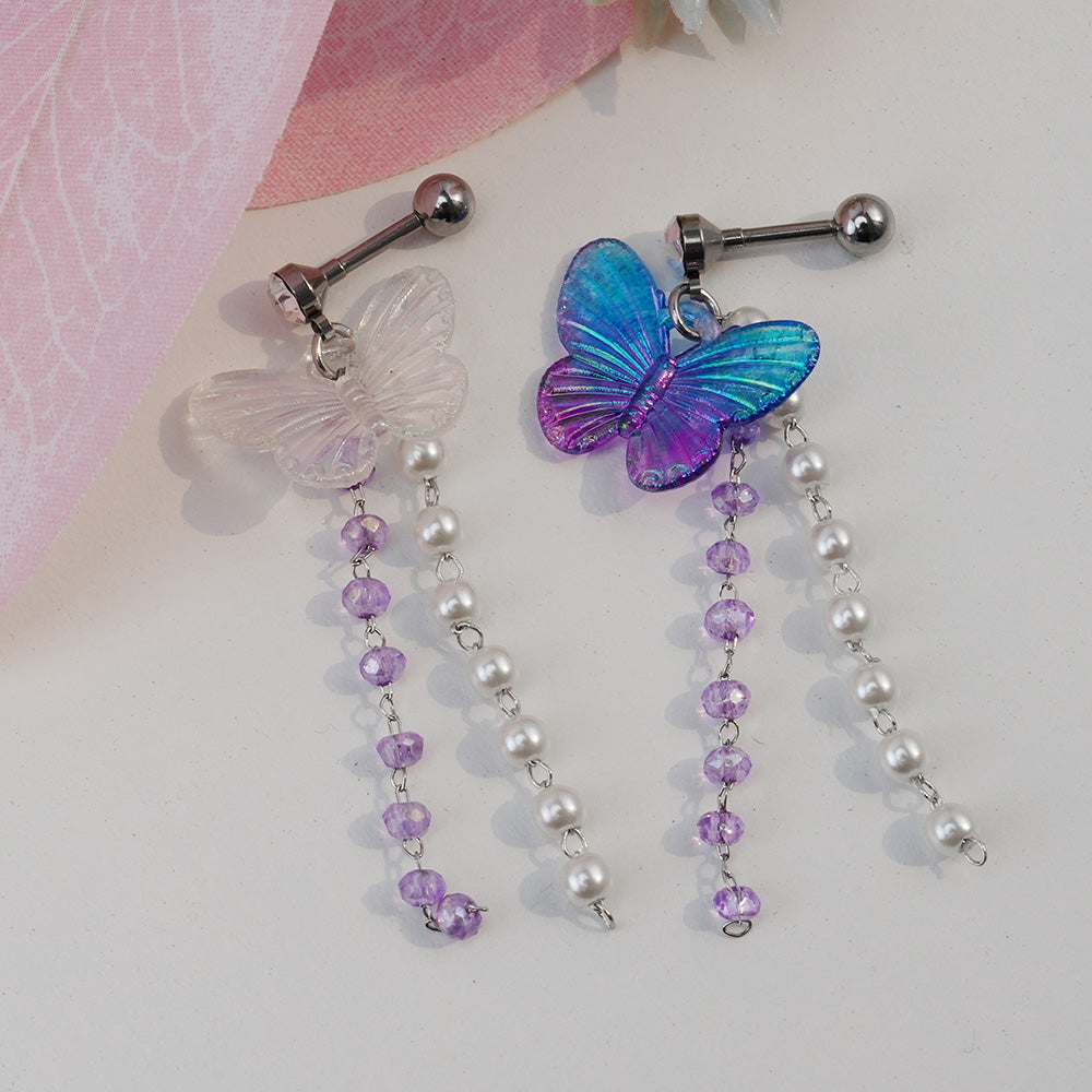 [Surgical] Aurora Butterfly Pearl Drop (2 Colors) 16G Body Piercing Back Piercing Cartilage Piercing 