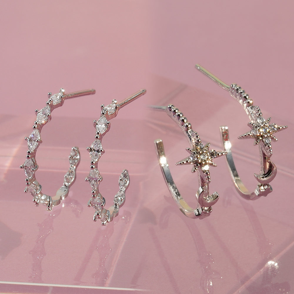 [925 Silver] Cubic Spark Half Hoop Ring Earrings (2 Types) for both ears 